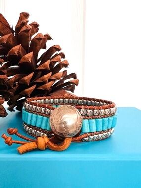 HANDCRAFTED ~ Genuine Turquoise Beaded Bracelet w/Leather Buffalo Head Nickel